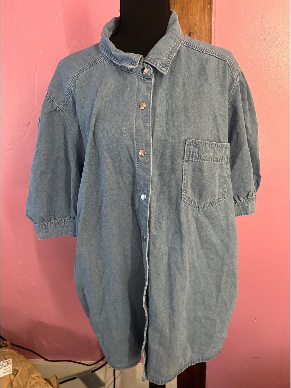 Light Blue Denim Button-Up Shirt with Chest Pocket